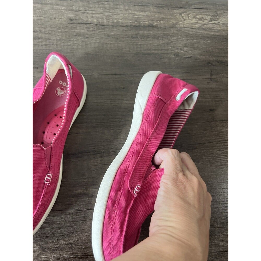 CROCS women size 9 Pink Canvas Slip-On LOAFER BOAT SHOES - Picture 10 of 12